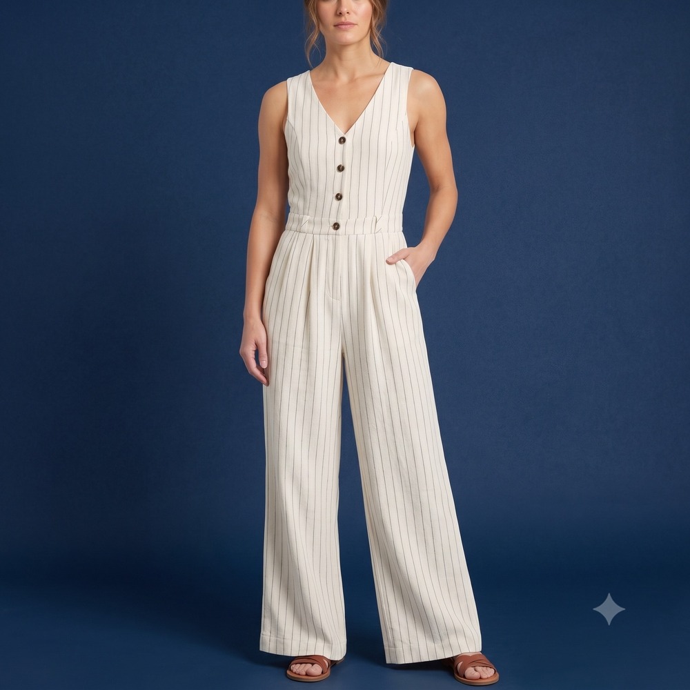 NWT Monteau Los Angeles Linen Blend Jumpsuit M Pinstripe Cream Wide Leg Boho